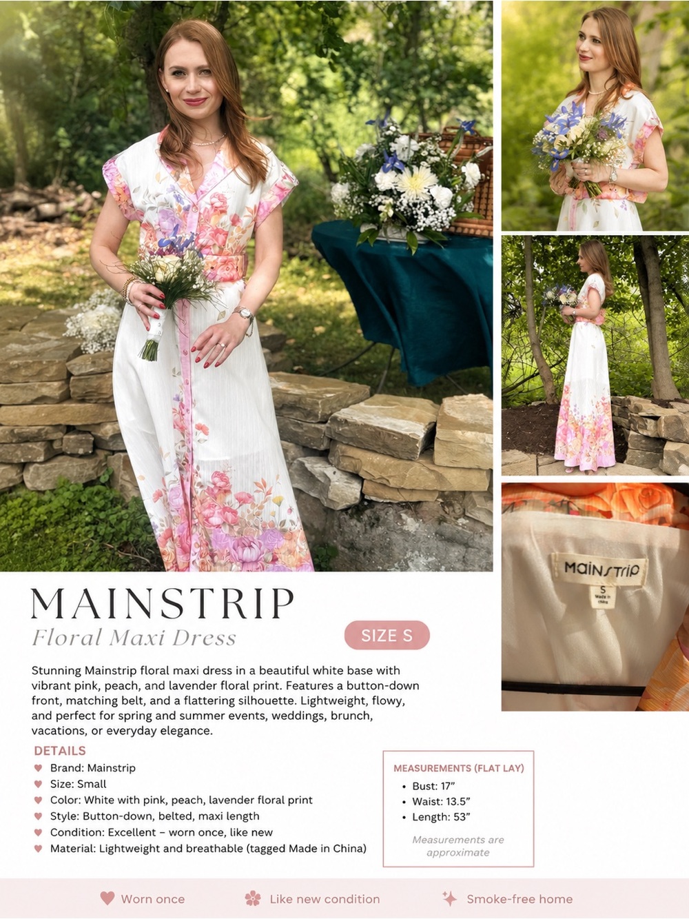 Main Strip White Maxi Dress with Pink, Peach & Lavender Floral Print